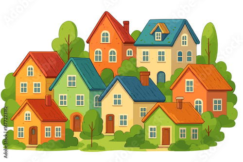 Colorful collection of houses in a charming neighborhood. Vector cartoon illustration of a small town. Suburban street with various homes, trees, and vibrant rooftops.