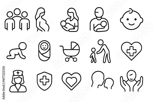 Family and maternity line icon set. Parenting, health care, pregnancy and childcare icons outline collection. Vector symbols for newborn, baby, parent, nurse, love and support.
