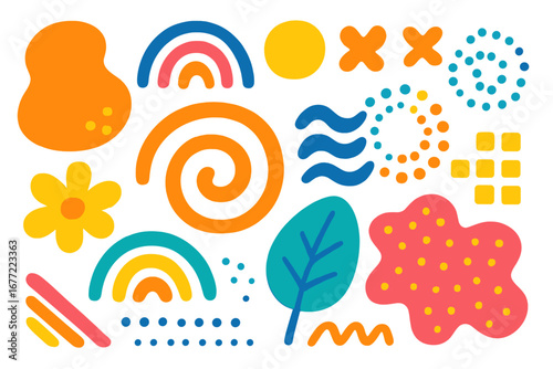 Set of colorful abstract organic shapes and doodles. Hand drawn trendy contemporary elements for design. Modern vector illustration with rainbow, flower, leaf, spiral and spots.