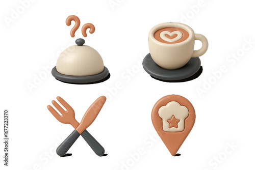 Restaurant icons: coffee cup, cloche, cutlery, and chef hat location pin. Modern 3D Icon Set