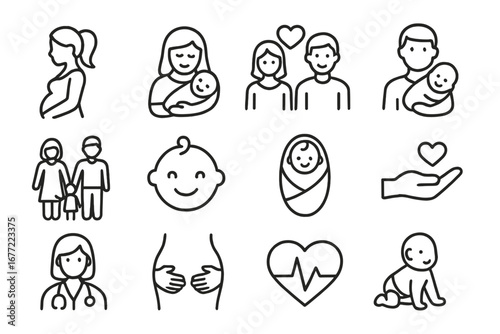 Family and maternity line icon set. Icons for parenting, pregnancy, newborn baby, and health care. Vector outline symbols for mother, father, child, and doctor.