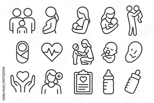 Family and maternity line icon set. Parenting, pregnancy, newborn baby and health care outline icons. Vector collection for childcare, mother, father, medical and love symbols.