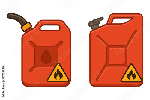 Two red fuel canisters with flammable warning signs. Gas can comparison. Petrol jerrycan set. Vector cartoon illustration. Gasoline container icon. Diesel storage. Danger symbol.