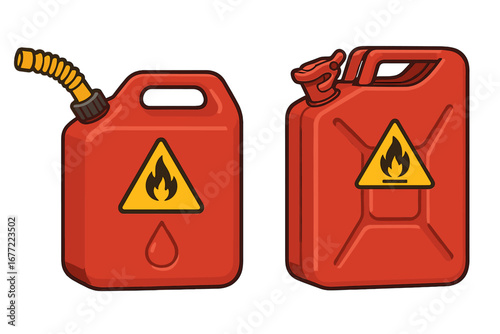 Two red fuel containers with flammable warning signs. Vector illustration of a gas can, jerrycan for petrol or diesel. Safety symbol icon set for gasoline storage. Cartoon.