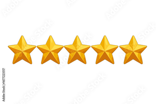 Five golden realistic 3D stars for customer feedback. Vector icon for 5-star rating and review. Symbol of high quality, success, and satisfaction. Best choice award concept.
