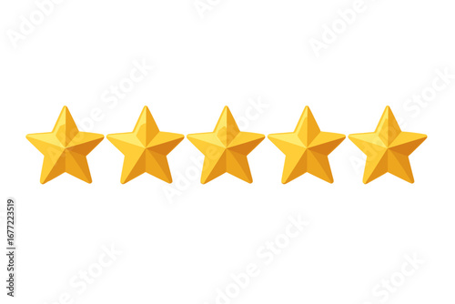 Five golden realistic stars for customer feedback. Vector 3D isolated 5 stars for rating and review. Concept for quality, satisfaction, success, and best performance.