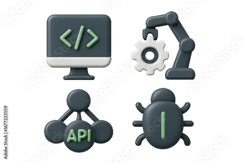 Software development icons: coding, automation, API, bug fixing. Modern 3D Icon Set