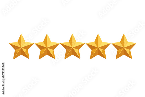 Five golden stars realistic 3D vector. Customer satisfaction and feedback concept. Best rating for quality service and product review. Symbol of excellence, success, and top choice.