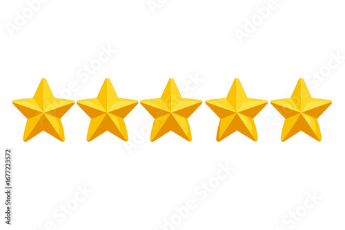Five golden realistic stars for customer product rating review. 3D vector illustration of quality feedback symbol. Excellent service satisfaction sign. Top performance success icon.