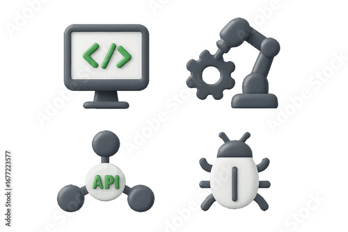 Software development icons for coding, API, automation, and bug fixing. Modern 3D Icon Set