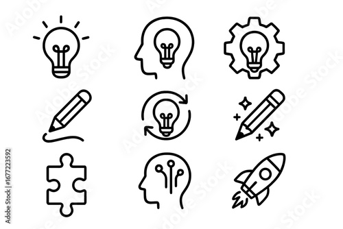 Creative idea and innovation icon set. Line icons for business startup, development, and brainstorming. Symbols of creativity, solution, technology, inspiration and thinking.