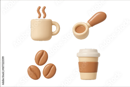 Hot Coffee Cup, Beans, Portafilter, and To-Go Cup. Modern 3D Icon Set