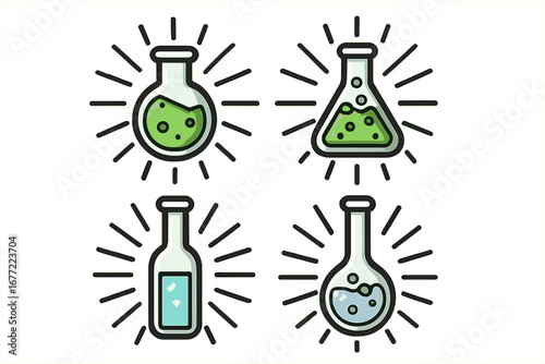 Flask and beaker vector icon set. Cartoon illustration of lab glassware with bubbling chemical liquid, magic potion or toxic poison. Science, research, experiment, discovery.