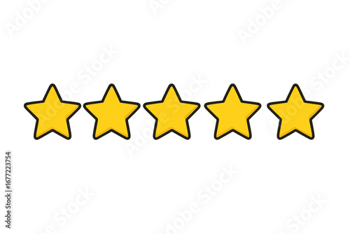 Five stars rating icon for customer product review. Golden star symbol for quality, feedback, and satisfaction. Best service experience vector illustration for web and apps.
