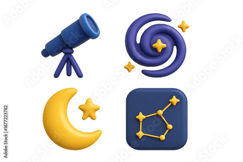 Celestial objects and astronomical tools, telescope, galaxy, moon, stars, constellation. Modern 3D Icon Set