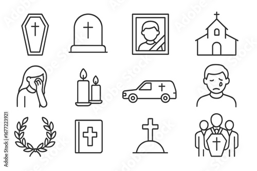 Funeral and mourning line icon set. Grief, memorial, and ceremony symbols. Death and burial vector outline icons. Coffin, grave, hearse, church, candles and sad people.
