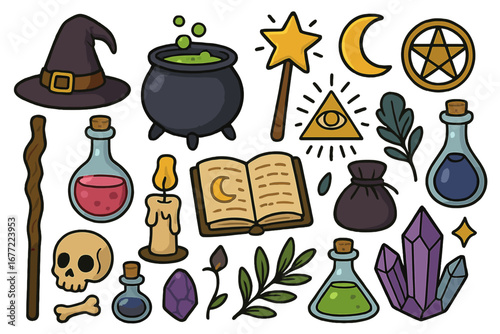 Witchcraft magic esoteric elements set. Vector cartoon witch hat, cauldron, potion, spell book, crystal, skull, magic wand. Cute occult doodle sticker collection for Halloween.