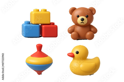 Assorted colorful children's toys for playtime and learning. Modern 3D Icon Set