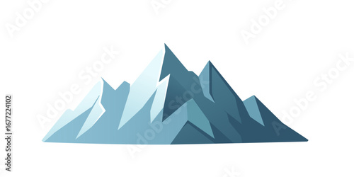 Blue mountain range with snow-capped peaks. Alpine landscape in gradient blue tones with sharp summits. Cold winter atmosphere in geometric flat style. Vector illustration isolated on white background