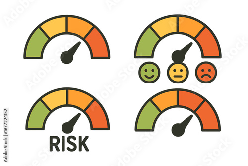 Gauge icons set. Speedometer signs for measuring levels. Customer satisfaction indicator with emojis. Risk level meter. Credit score or performance rating scale vector.