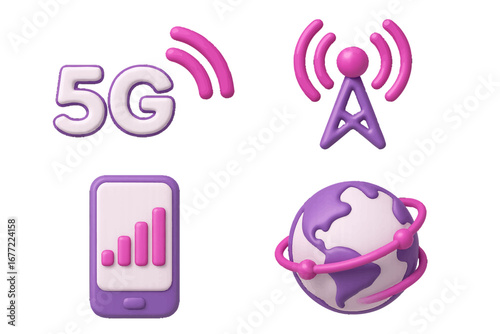 Mobile phone signal, network tower, global connectivity icons. Modern 3D Icon Set