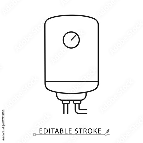 A water heater icon in minimalist style with editable stroke. Boiler equipment, heating appliance, bathroom device, household technology, domestic utility, hot water system, electronic home object.