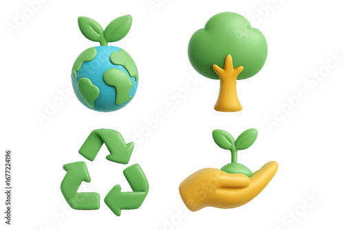 Environmental symbols: Earth sprout, tree, recycling logo, nurturing hand. Modern 3D Icon Set