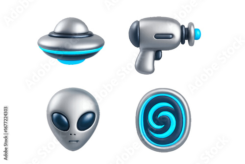 Alien spaceship, ray gun, and extraterrestrial head icons with glowing blue accents on a metallic background. Modern 3D Icon Set