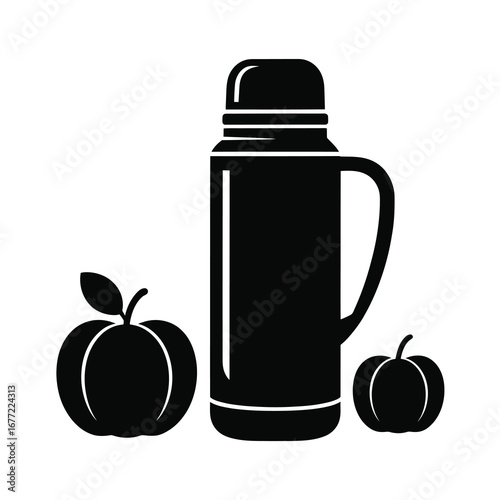 Simple silhouette illustration of a thermos bottle with two apples ideal for design and graphics