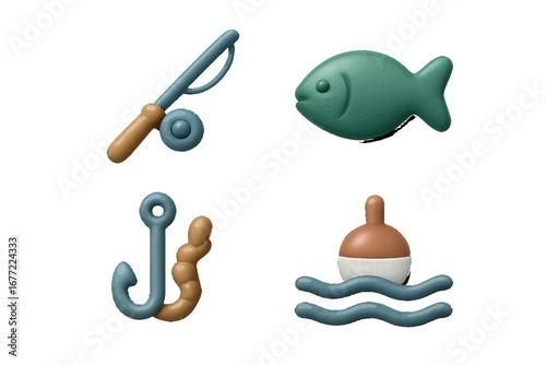 Fishing rod, hook, fish, and bobber icons on water. Modern 3D Icon Set