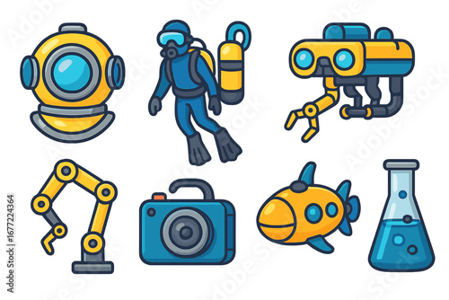 Underwater exploration icon set. Deep sea diving equipment and scientific research tools. Vector illustration of diver, submarine, ROV, robotic arm, and camera for technology.