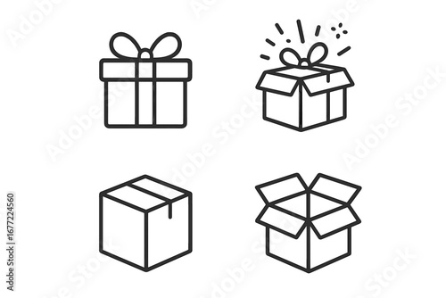 Gift box outline icon set. Surprise present and cardboard box symbols. Open and closed package for delivery or celebration. Christmas, birthday gift vector pictogram collection.