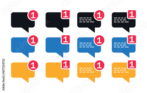 New Message Notification Icon, Chat Bubble with Alert Badge in Flat Color and Outline Style for Mail, Social Media, SMS and Communication Design