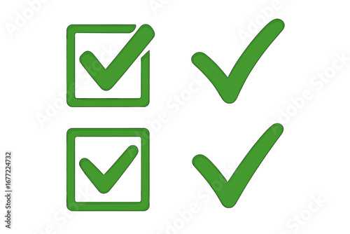 Green check mark vector icon set. Tick in a square box. Approved, OK, yes, accept, and correct choice symbols. Success, pass, vote, and validation concept for checklist.