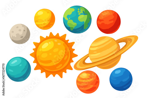 Solar system planets vector icon set. Cartoon illustration for education. Sun, Mercury, Venus, Earth, Moon, Mars, Jupiter, Saturn, Uranus, Neptune. Astronomy science concept.