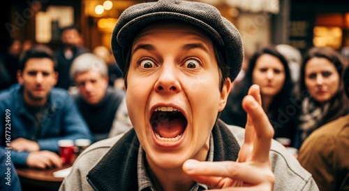Person with a loud and obnoxious expression, shouting and pointing in a crowd