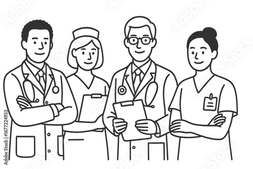 Group of doctors and nurses. Medical team line art vector illustration. Diverse healthcare professionals concept. Hospital staff, clinic workers, medicine, health care drawing.