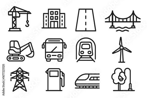 Infrastructure line icon set. Urban development, construction, transport and energy icons. Vector pictograms of crane, excavator, bus, train, road, bridge and wind turbine.