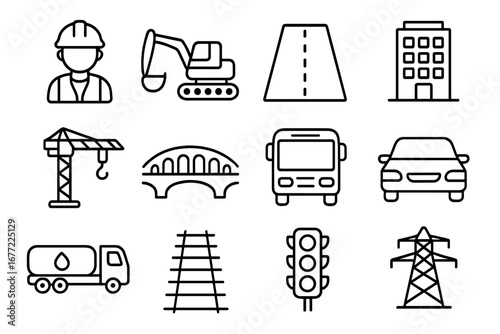 Infrastructure vector line icon set. Urban development, construction, transport, and engineering symbols. Crane, excavator, road, bridge, building, car, bus, power line icons.