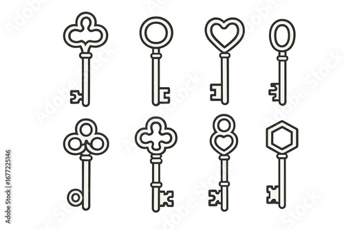 Vintage key icon set. Ornate, retro keys vector collection. Outline silhouettes for logo or tattoo. Antique, decorative elements. Heart key, old lock icons. Secret, security.