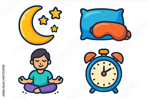 Sleep icon set for wellness and health. Vector cartoon illustration of meditation, night moon, alarm clock and pillow with eye mask. Concept for insomnia, relaxation, dream.