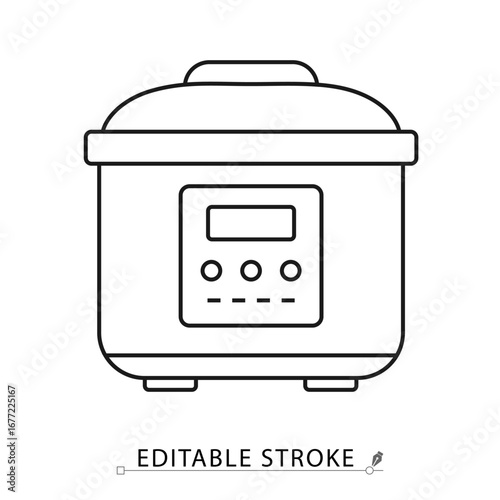 A multicooker icon in minimalist style with editable stroke. Kitchen appliance, cooking equipment, household device, modern technology, electronic machine, domestic utility, interior element.