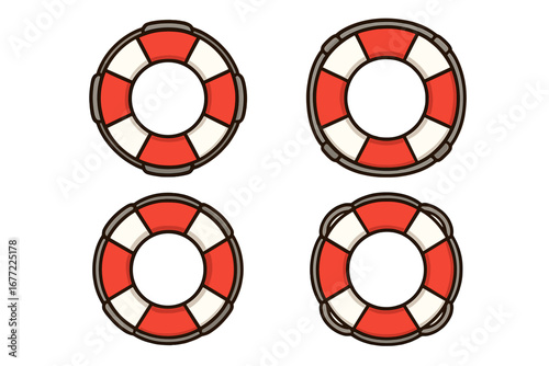 Lifebuoy vector icons set. Red and white lifesaver ring collection for safety and rescue. Cartoon illustration of sea help symbols. Nautical marine emergency equipment.