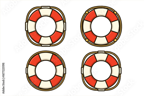 Lifebuoy vector icons set. Swim help and water safety symbol collection. Cartoon life preserver illustration for marine emergency, rescue, and nautical lifeguard themes.