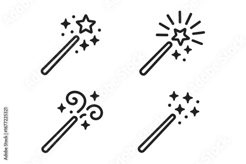 Magic wand icon set. Simple outline magical stick symbol. Vector illustration for fantasy, fairytale, wizard, magician spell. Wish, sparkle, miracle, power, enchantment concept.