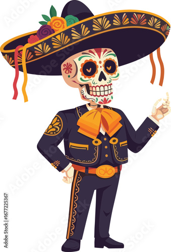 Dia de los Muertos, a Calavera Skeleton in Mariachi Suit, a Vector Illustration with a Transparent Background