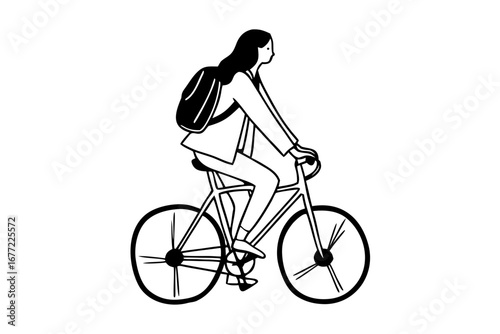 Illustration of a person cycling with a backpack and wearing formal attire, symbolizing a blend of urban commuting and professional life