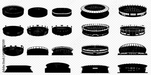 A collection of black silhouette icons depicting various stadium and arena designs for sports and entertainment venues.