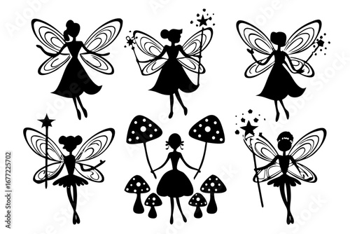 A magical collection of enchanting fairy silhouettes with wands and wings, featuring fantasy pixie and mushroom vector icons