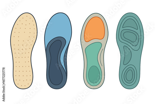 Orthopedic shoe insoles set. Vector collection of shoe inserts for comfort, arch support, and foot care. Orthotic concepts for flat feet, foot pain and plantar fasciitis.